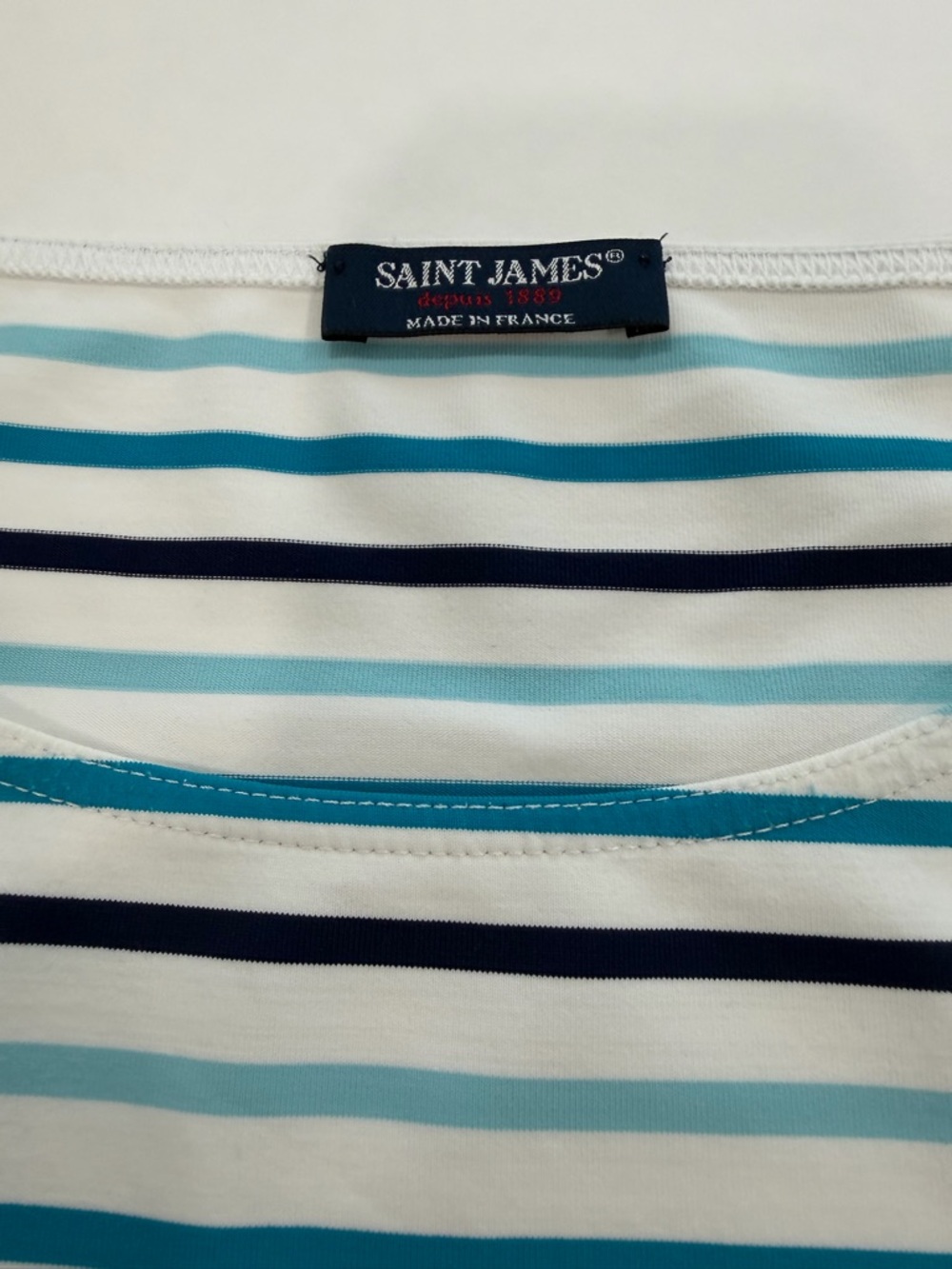 SAINT JAMES Breton Stretch White Blue Stripe 3/4 Sleeves UV Nautical Top (Sz 10) - Picture 6 of 12
